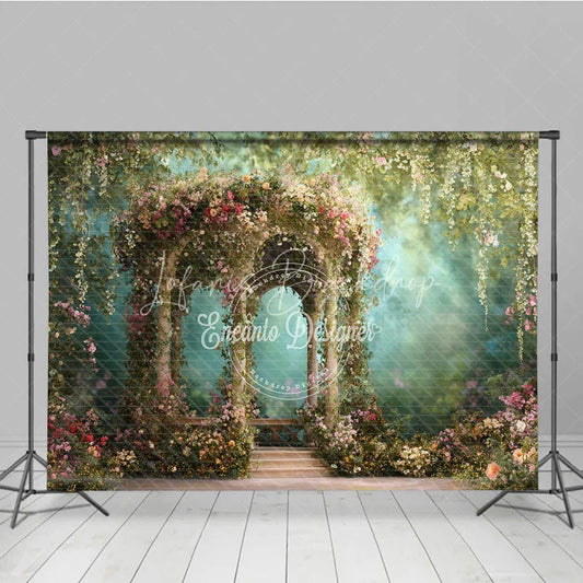 Lofaris Whimsical Floral Garden Gazebo Photography Backdrop Lush Greenery and Romantic Archway for Wedding Party Decor