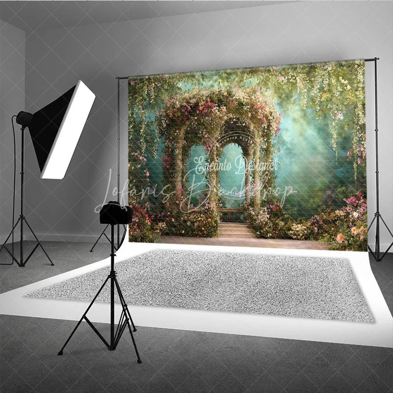 Lofaris Whimsical Floral Garden Gazebo Photography Backdrop Lush Greenery and Romantic Archway for Wedding Party Decor