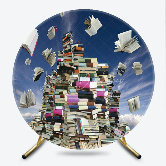 Lofaris Whimsical Flying Books and Stacked Round Backdrop Blue Sky Cloud Academic Theme for Graduation