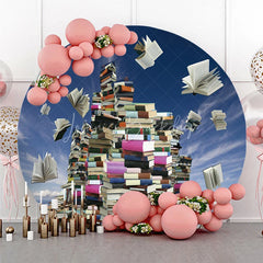Lofaris Whimsical Flying Books and Stacked Round Backdrop Blue Sky Cloud Academic Theme for Graduation