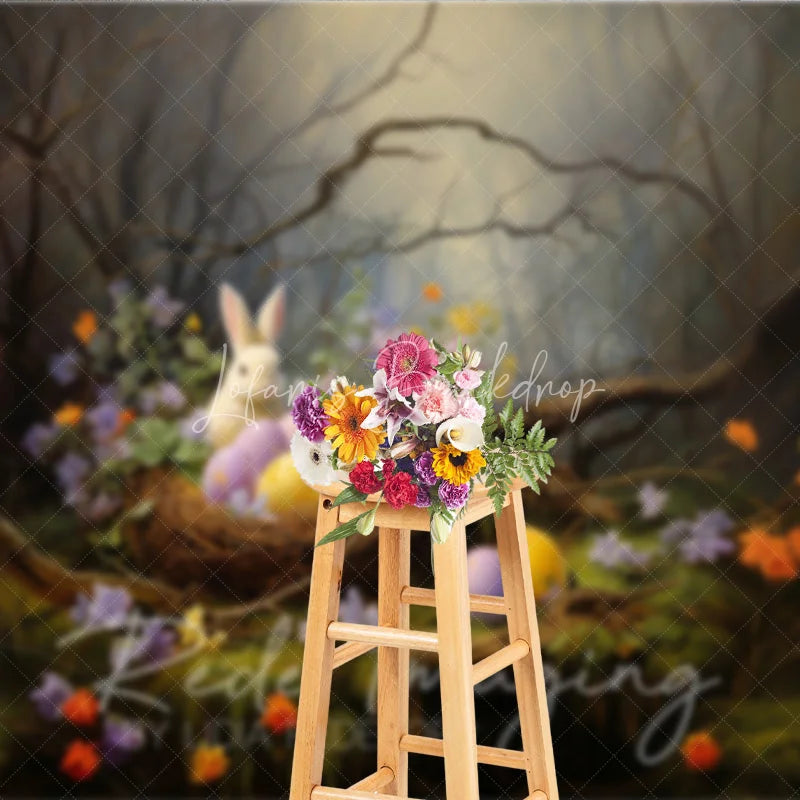 Lofaris Whimsical Forest Bunny Easter Photography Backdrop Spring Flowers and Eggs Studio Background