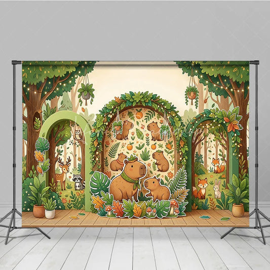 Lofaris Whimsical Forest Capybara Photography Backdrop with Cartoon Animals Trees and String Lights for Kids Birthday Party