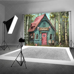 Lofaris Whimsical Forest Clubhouse Photography Backdrop Fairy Tale Blue Cabin and Birch Trees Studio Background
