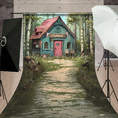 Lofaris Whimsical Forest Clubhouse Photography Backdrop Fairy Tale Blue Cabin Stone Path Sweep Studio Background