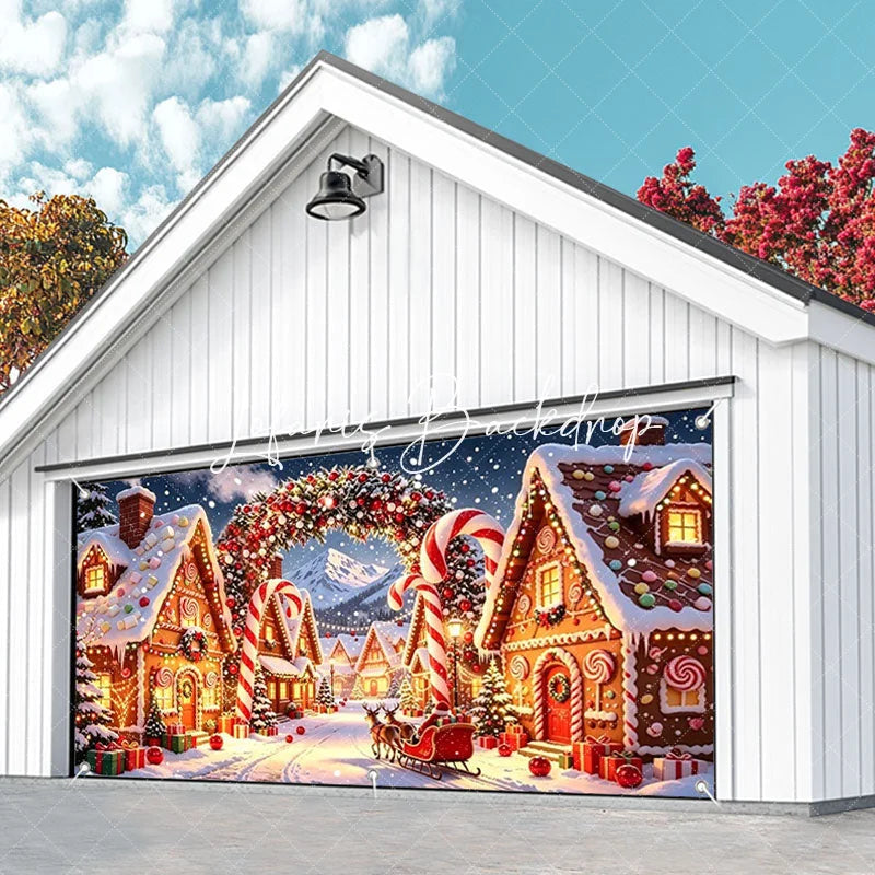 Lofaris Whimsical Gingerbread Christmas Village Garage Door Banner Santa Reindeer Festive Lights Decor