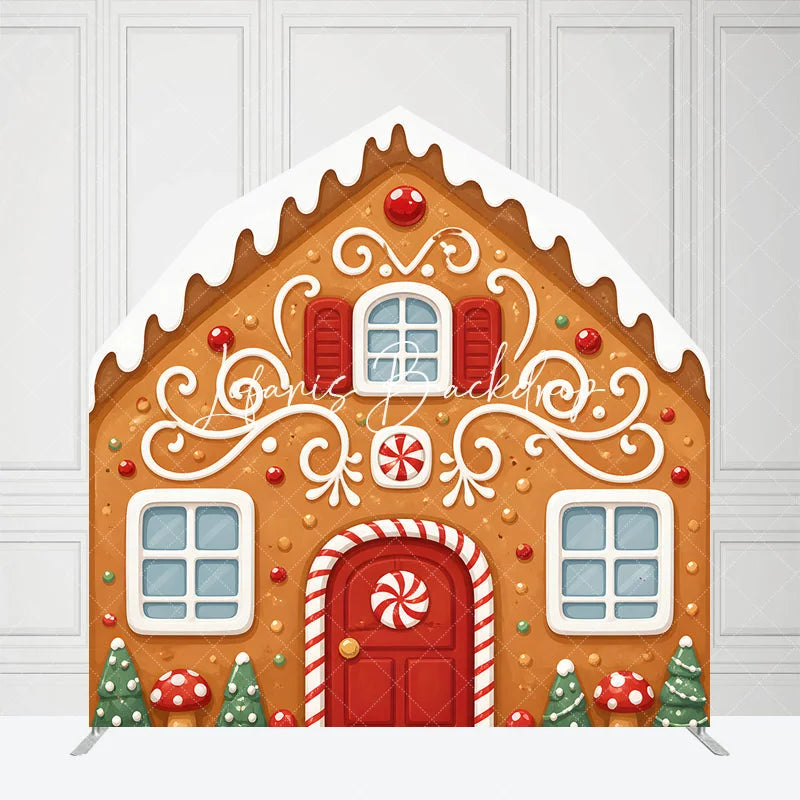 Lofaris Whimsical Gingerbread House with Icing and Candy Design Barn Door Arch Backdrop for Festive Christmas Holiday Decor