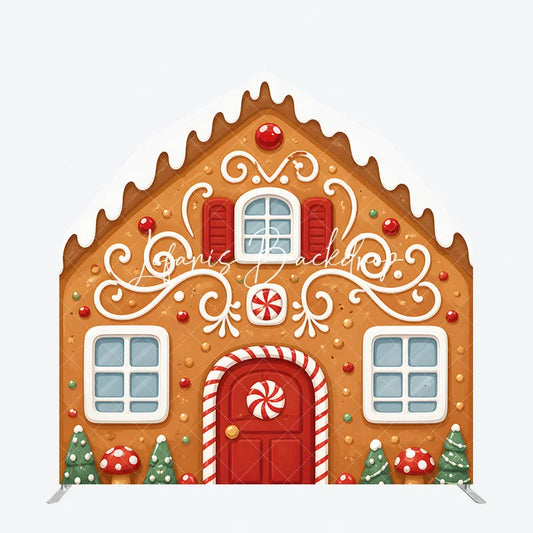 Lofaris Whimsical Gingerbread House with Icing and Candy Design Barn Door Arch Backdrop for Festive Christmas Holiday Decor
