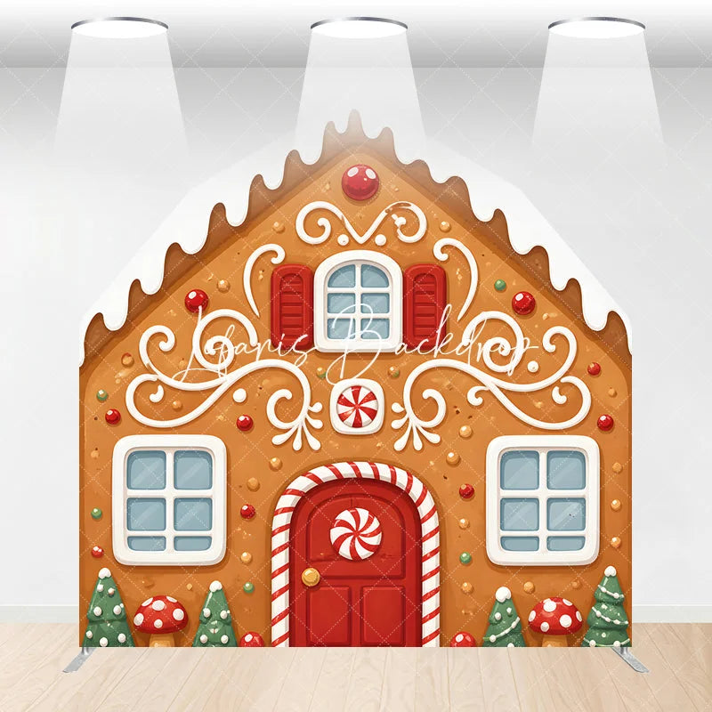Lofaris Whimsical Gingerbread House with Icing and Candy Design Barn Door Arch Backdrop for Festive Christmas Holiday Decor