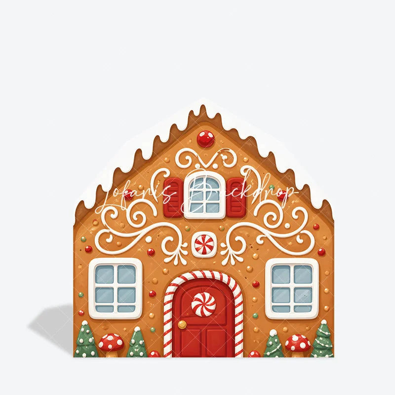 Lofaris Whimsical Gingerbread House with Icing and Candy Design Barn Door Arch Backdrop for Festive Christmas Holiday Decor