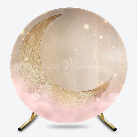 Lofaris Whimsical Golden Crescent Moon and Pink Clouds Round Backdrop Sparkling Stars Baby Shower or Birthday Party Decor