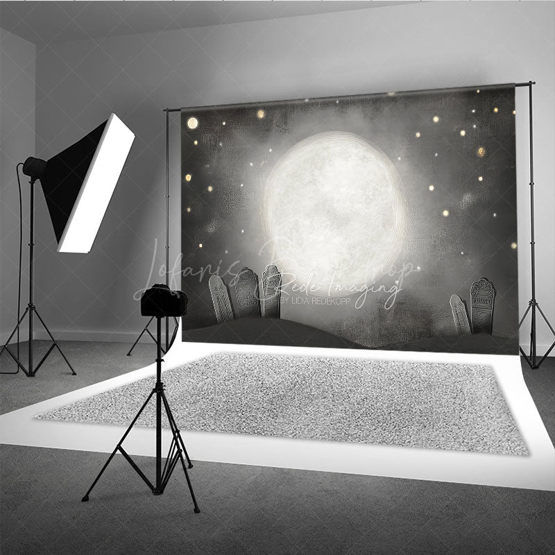 Lofaris Whimsical Graveyard Photography Backdrop Painterly Full Moon and Tombstones Starry Halloween Night Background