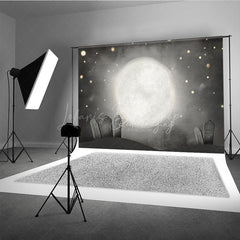 Lofaris Whimsical Graveyard Photography Backdrop Painterly Full Moon and Tombstones Starry Halloween Night Background