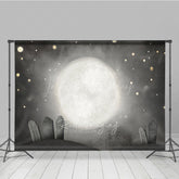 Lofaris Whimsical Graveyard Photography Backdrop Painterly Full Moon and Tombstones Starry Halloween Night Background