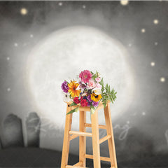 Lofaris Whimsical Graveyard Photography Backdrop Painterly Full Moon and Tombstones Starry Halloween Night Background