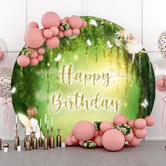 Lofaris Whimsical Green Enchanted Forest Fairy Happy Birthday Round Backdrop with Glowing Lights Magical Party Decor