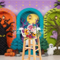 Lofaris Whimsical Halloween Ghosts and Pumpkins Photography Backdrop Spooky Trees Arched Doorways Purple Starry Background