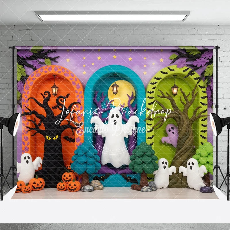 Lofaris Whimsical Halloween Ghosts and Pumpkins Photography Backdrop Spooky Trees Arched Doorways Purple Starry Background