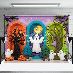 Lofaris Whimsical Halloween Ghosts and Pumpkins Photography Backdrop Spooky Trees Arched Doorways Purple Starry Background