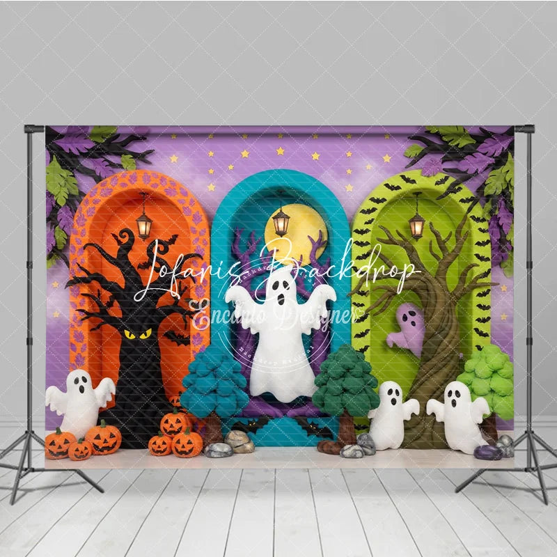 Lofaris Whimsical Halloween Ghosts and Pumpkins Photography Backdrop Spooky Trees Arched Doorways Purple Starry Background