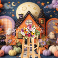 Lofaris Whimsical Halloween Haunted House Photography Backdrop Cute Ghosts and Pumpkins with Autumn Leaves for Kids Party Decor
