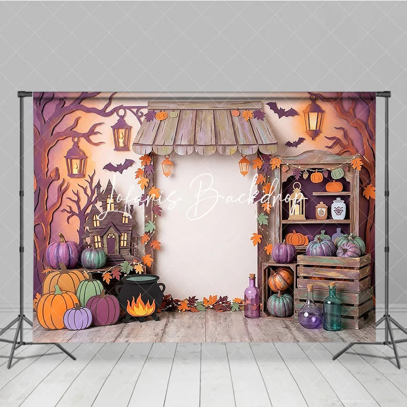 Lofaris Whimsical Halloween Haunted House Photography Backdrop with Pumpkins and Autumn Leaves Spooky Fall Party Decor