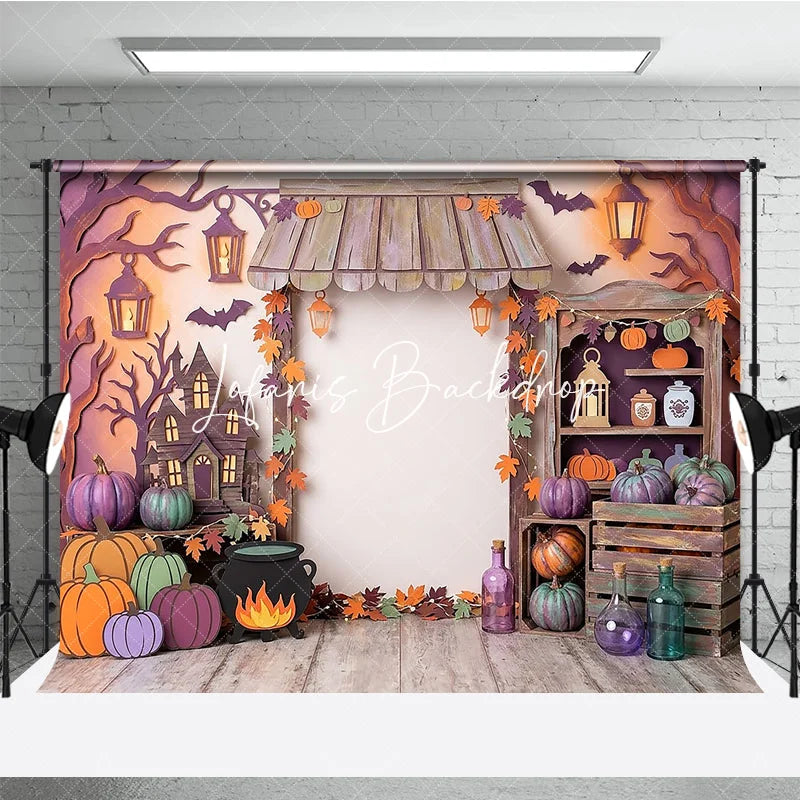 Lofaris Whimsical Halloween Haunted House Photography Backdrop with Pumpkins and Autumn Leaves Spooky Fall Party Decor