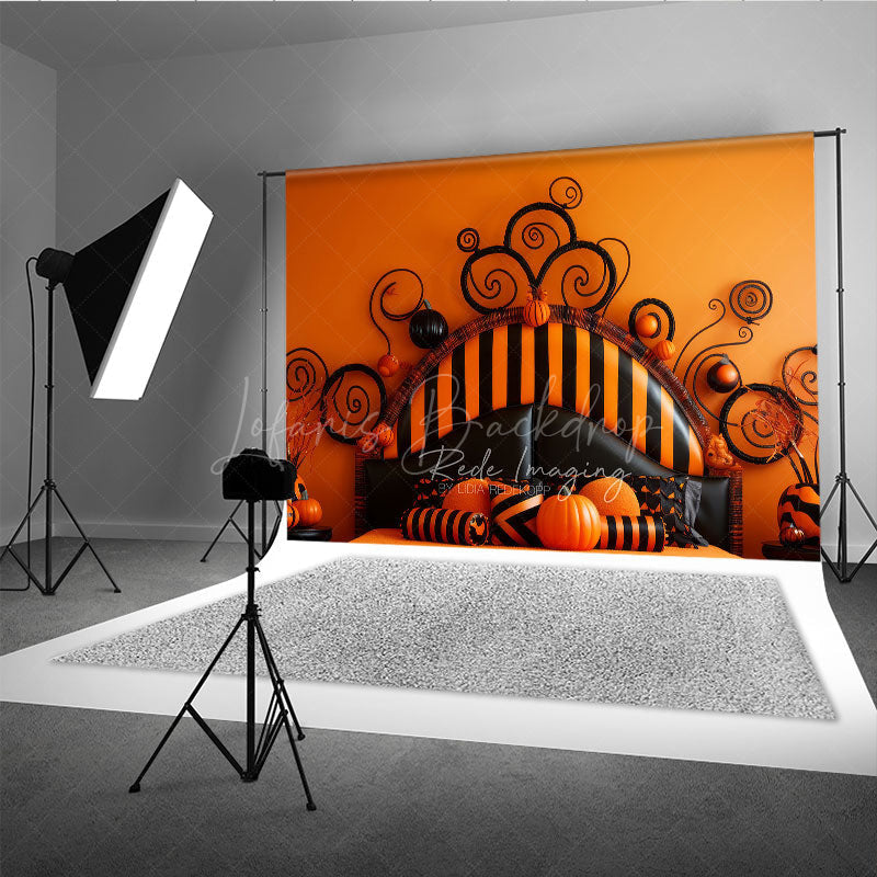 Lofaris Whimsical Halloween Headboard Photography Backdrop Orange and Black Stripe Bed Spooky Fun Bedroom Photo Prop