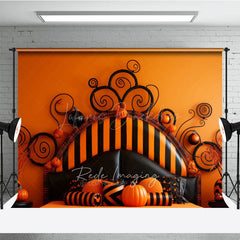 Lofaris Whimsical Halloween Headboard Photography Backdrop Orange and Black Stripe Bed Spooky Fun Bedroom Photo Prop