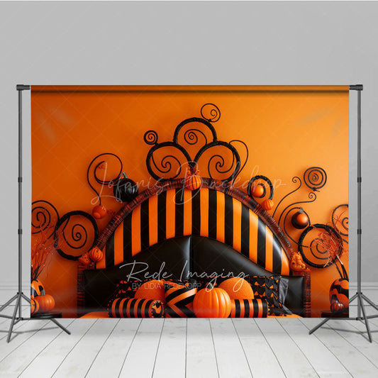 Lofaris Whimsical Halloween Headboard Photography Backdrop Orange and Black Stripe Bed Spooky Fun Bedroom Photo Prop