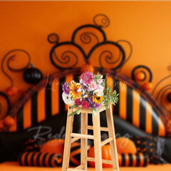 Lofaris Whimsical Halloween Headboard Photography Backdrop Orange and Black Stripe Bed Spooky Fun Bedroom Photo Prop