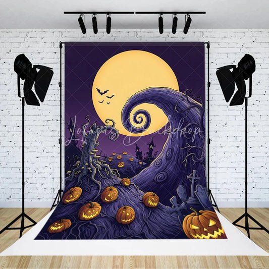 Lofaris Whimsical Halloween Night Holiday Backdrop with Full Moon Glowing Jack-o’-Lanterns and Twisted Trees