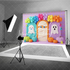Lofaris Whimsical Halloween Photography Backdrop featuring Cute Ghosts Mummy Pumpkins and Balloon Arch for Kids Party Decor