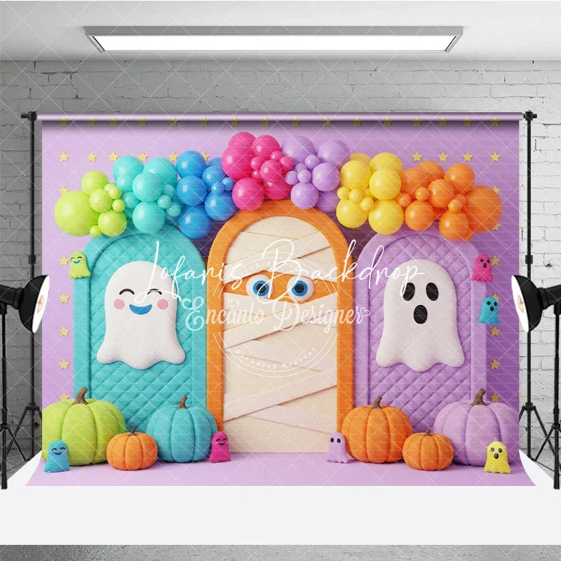 Lofaris Whimsical Halloween Photography Backdrop featuring Cute Ghosts Mummy Pumpkins and Balloon Arch for Kids Party Decor