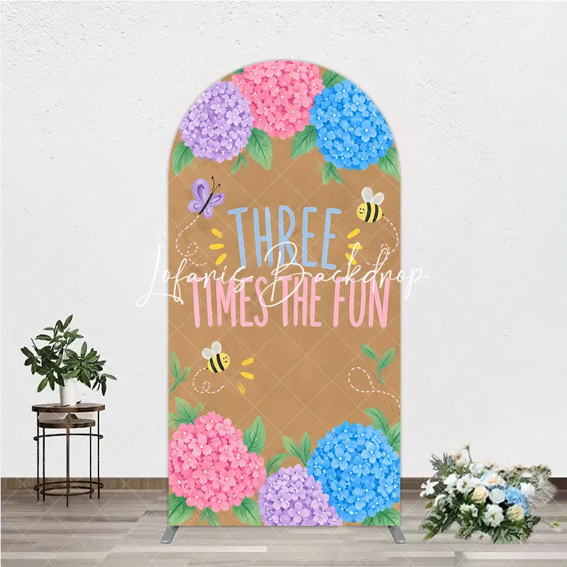 Lofaris Whimsical Hydrangea Butterfly Bee Three Times the Fun Round Top Arch Backdrop Pink Purple Blue Birthday Party Decor
