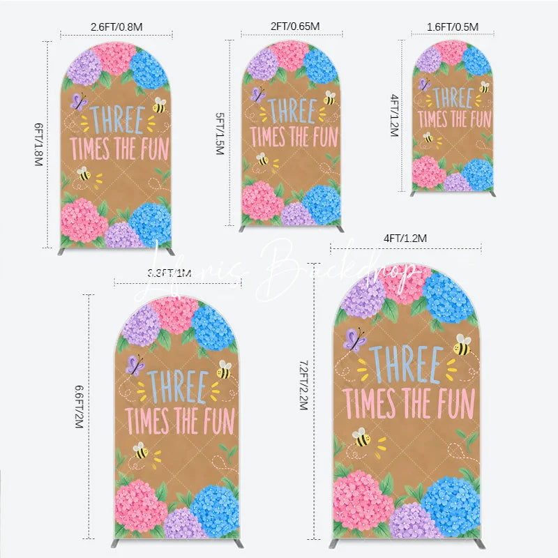 Lofaris Whimsical Hydrangea Butterfly Bee Three Times the Fun Round Top Arch Backdrop Pink Purple Blue Birthday Party Decor
