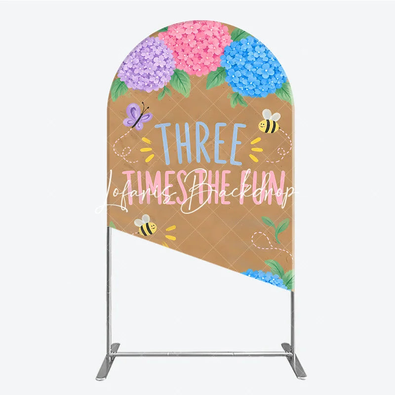 Lofaris Whimsical Hydrangea Butterfly Bee Three Times the Fun Round Top Arch Backdrop Pink Purple Blue Birthday Party Decor