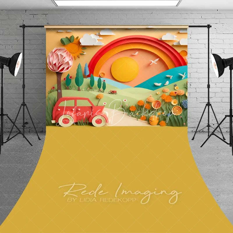 Lofaris Whimsical Paper Cut Art Rainbow Vintage Car Backdrop Sunny Landscape for Birthday Cake Smash Baby Shower