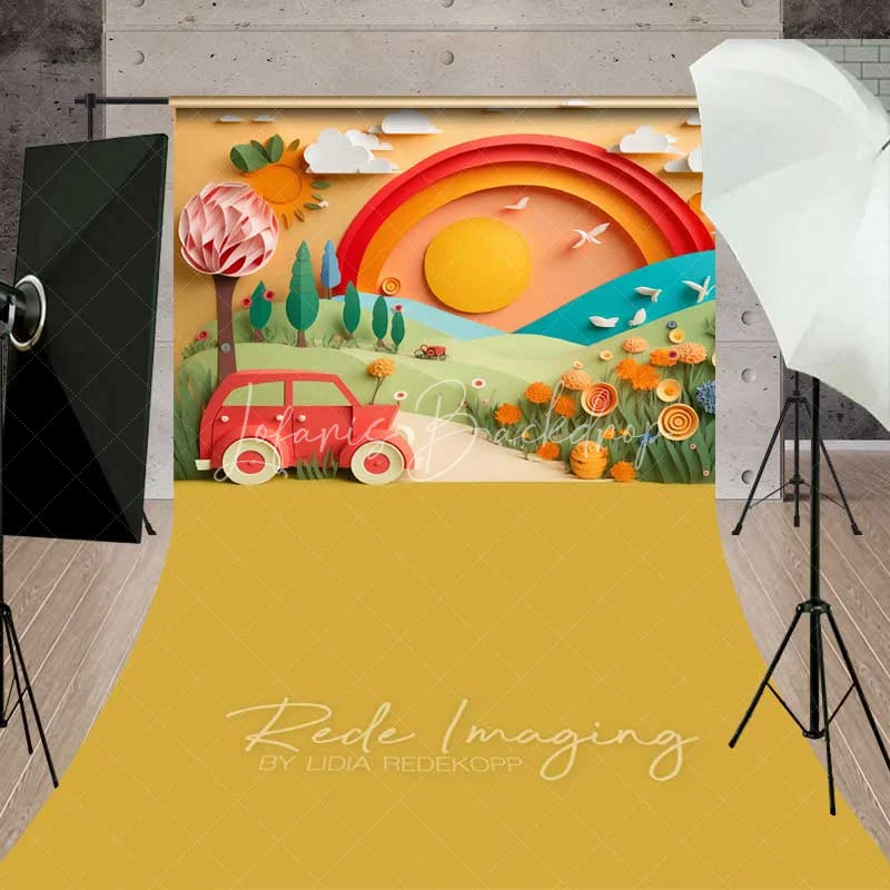 Lofaris Whimsical Paper Cut Art Rainbow Vintage Car Backdrop Sunny Landscape for Birthday Cake Smash Baby Shower