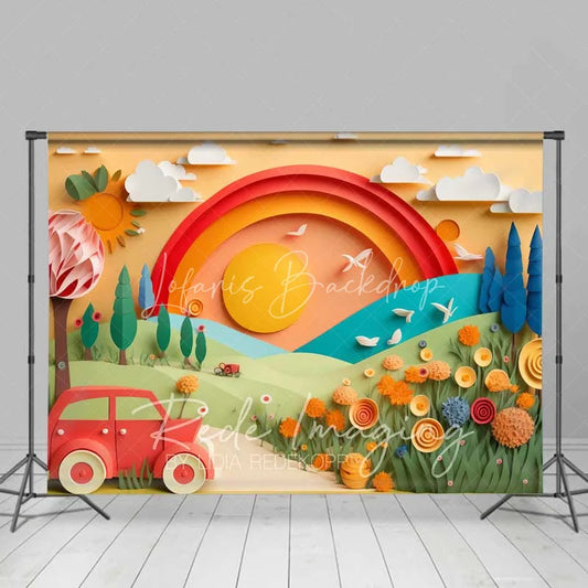 Lofaris Whimsical Paper Cut Out Landscape Backdrop Rainbow Sun Red Car Colorful Flowers Birthday Cake Smash Photography