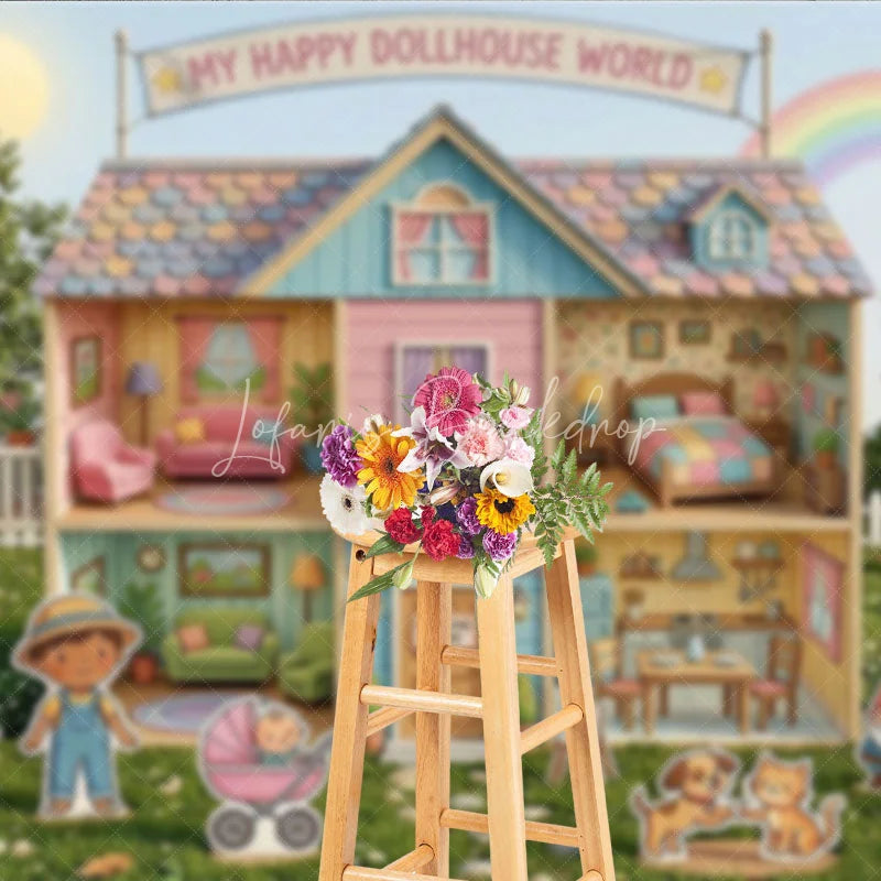 Lofaris Whimsical Pastel Dollhouse World Photography Backdrop Happy Cartoon Characters and a Rainbow Garden for Kids