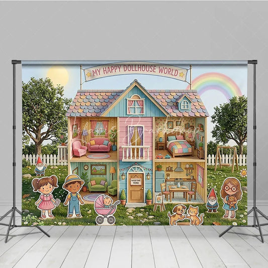 Lofaris Whimsical Pastel Dollhouse World Photography Backdrop Happy Cartoon Characters and a Rainbow Garden for Kids