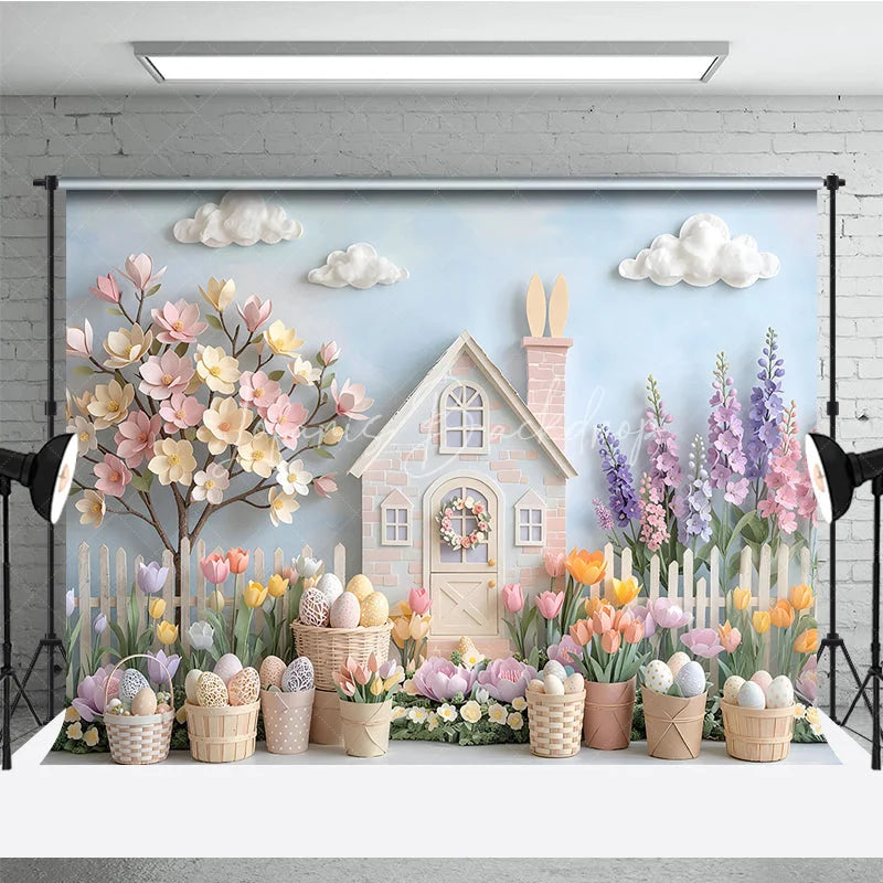 Lofaris Whimsical Pastel Easter House with Bunny Spring Flowers Photography Backdrop Dreamy Garden Scene for Celebrations