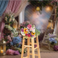 Lofaris Whimsical Pastel Floral Archway Photography Backdrop Elegant Drapes and Golden Lanterns for Studio Portraits