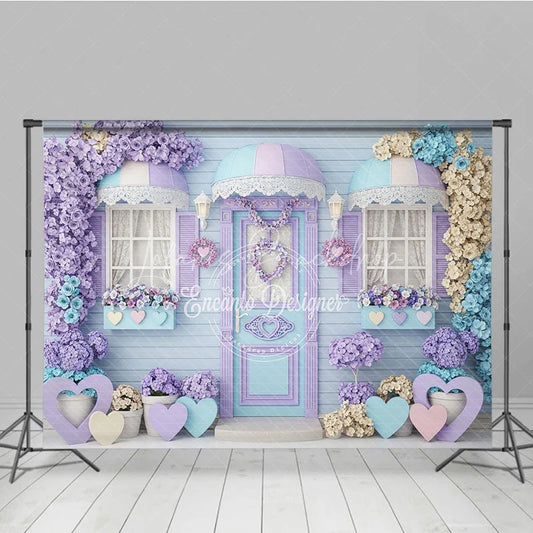 Lofaris Whimsical Pastel Floral House Photography Backdrop with Lavender and Blue Hearts Charming Door Window Decor