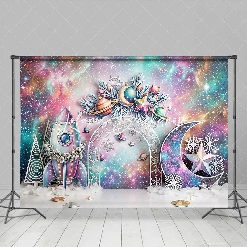 Lofaris Whimsical Pastel Galaxy Space Christmas Photography Backdrop Rocket Moon Star Snowflake Holiday Celebration
