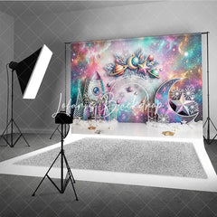 Lofaris Whimsical Pastel Galaxy Space Christmas Photography Backdrop Rocket Moon Star Snowflake Holiday Celebration