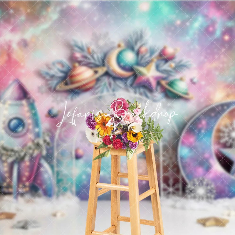 Lofaris Whimsical Pastel Galaxy Space Christmas Photography Backdrop Rocket Moon Star Snowflake Holiday Celebration
