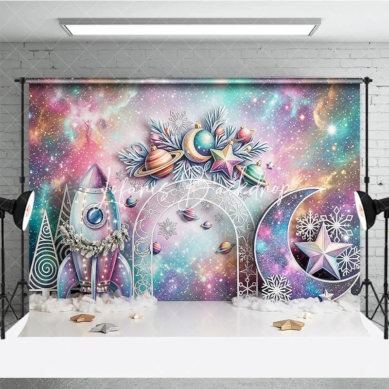 Lofaris Whimsical Pastel Galaxy Space Christmas Photography Backdrop Rocket Moon Star Snowflake Holiday Celebration