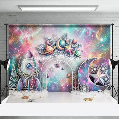 Lofaris Whimsical Pastel Galaxy Space Christmas Photography Backdrop Rocket Moon Star Snowflake Holiday Celebration