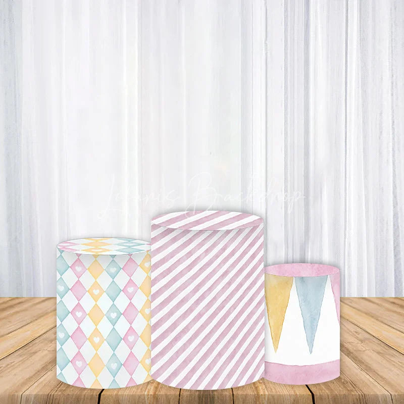 Lofaris Whimsical Pastel Harlequin Diamond Stripe and Bunting Flags Cylinder Cover Birthday Party Decor
